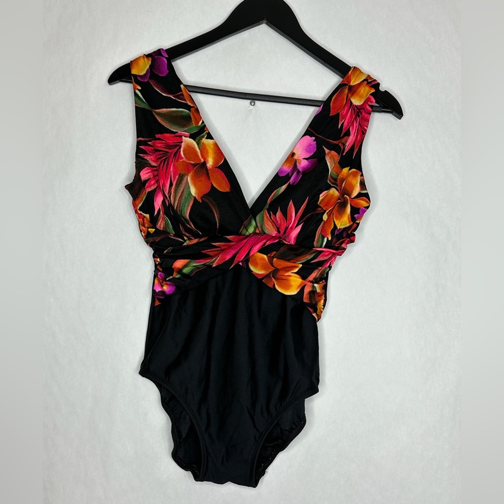 Take Control by Longitude Black Tropical One Piece Swimsuit Vintage Size 10 - Picture 3 of 9
